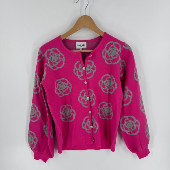 Leo & Ugo Hot Pink Silver Floral Print Button Down Cardigan Size 2 (Medium) - Picture 1 of 7